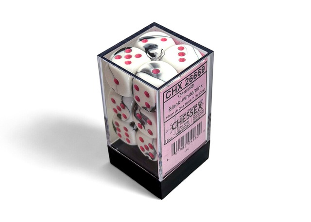 16mm 12-Die d6 Set Black-White/Pink